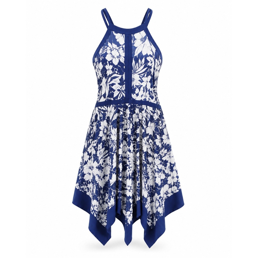 Adrianna Papell Dress Womens 4 Blue Floral Boho Midi Handkerchief Hem Sundress
